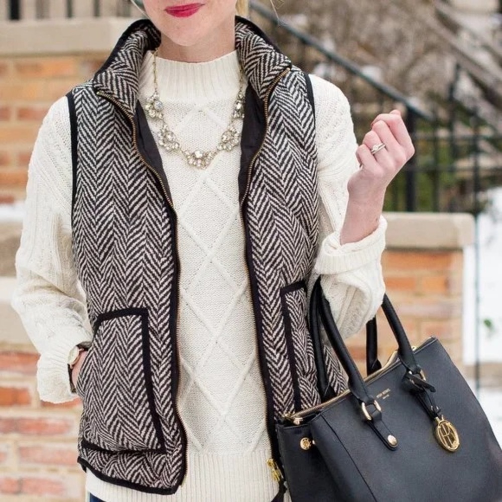 J. Crew Excursion Herringbone Vest Quilted Puffer Down Jacket Ivory Black Small